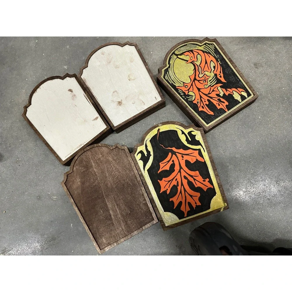 Hand Painted Wooden Tombstone Plaques Autumn Leaf Halloween Decor Set of 6